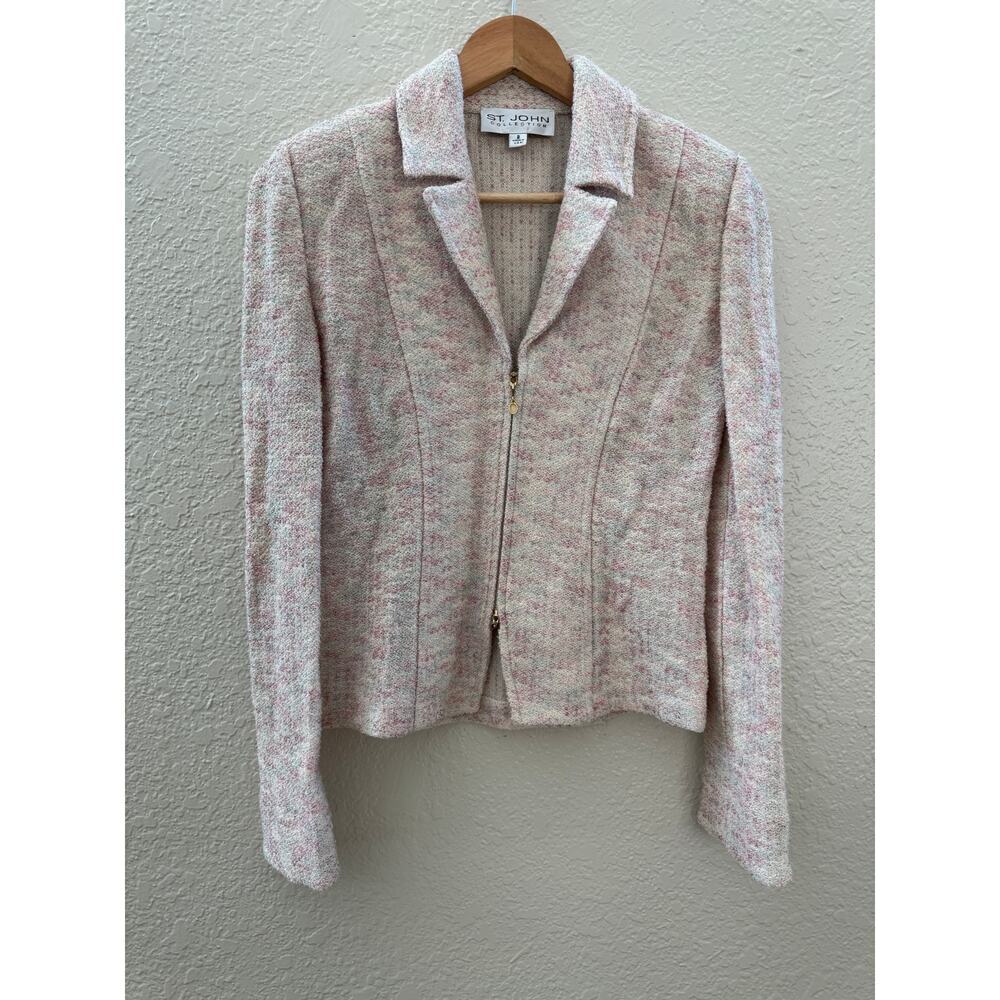 EUC St. John Collection Cream Pink Knit Tweed Zip Front Blazer - Picture 3 of 5